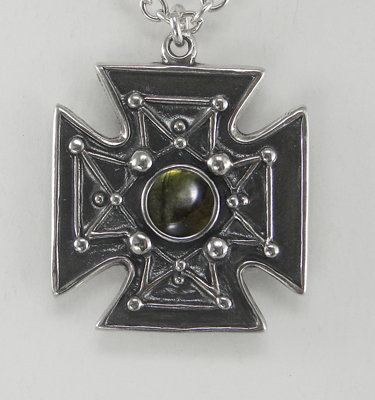 Sterling Silver Iron Cross Pendant Necklace With Spectrolite